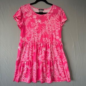 Heimish Womens Babydoll Tiered Floral Tunic Top Size Small Pink Ruffle Stretchy